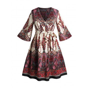 

Plus Size Ethnic Print Belt Dress Bohemian Style Surplice Dress, Red