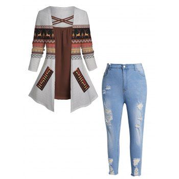 

Plus Size Tribal Geometric Print Colorblock Faux Twinset T-shirt And Ripped Frayed Hem Faded Jeans Outfit, Multicolor a