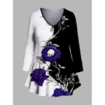 

Plus Size Two Tone Rose Skull Print T-shirt V Neck Long Sleeve Casual Tee, Purple