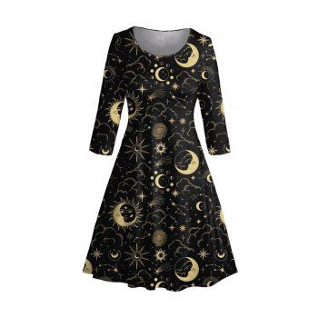 

Plus Size & Curve Midi Dress Celestial Sun Moon Star Clouds Allover Print A Line Dress, Black