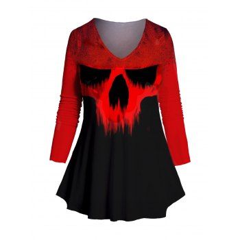 

Plus Size & Curve Colorblock T-shirt Skull Pattern V Neck Long Sleeve Tee, Red