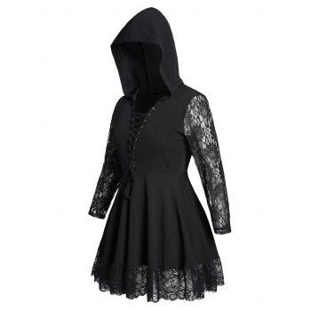 

Plus Size Lace Up Gothic Hooded Dress Plain Color Lace Decor Long Sleeve Mini Dress, Black