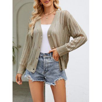 

See Thru Hollow Out Button Up Cardigan Solid Color V Neck Ribbed Hem Cardigan, Light coffee