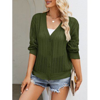 

See Thru Hollow Out Button Up Cardigan Solid Color V Neck Ribbed Hem Cardigan, Deep green