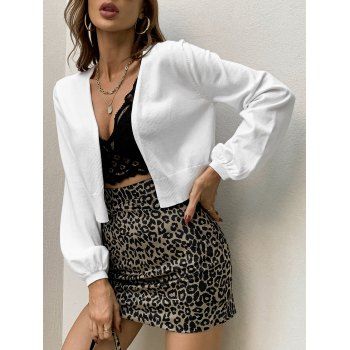 

Pure Color Bishop Sleeve Knit Crop Cardigan Open Front Knitted Cardigan Coat, White