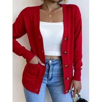 

Solid Color Button Up Knit Cardigan Pocket Patches V Neck Knitted Cardigan, Red