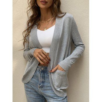 

Open Front Solid Color Knit Cardigan Pocket Patches Curved Hem Casual Knitted Cardigan, Light gray