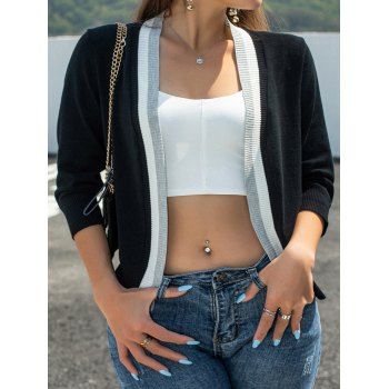 

Contrast Colorblock Trim Knit Cardigan Open Front Three Quarter Sleeve Knitted Cardigan, Black