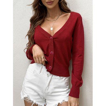 

Solid Color Button Up Knit Cardigan V Neck Casual Knitted Cardigan, Deep red