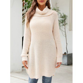 

Raglan Sleeve Turtleneck Mini Crochet Sweater Dress Side High Slit Solid Color Sweater Dress, Light coffee