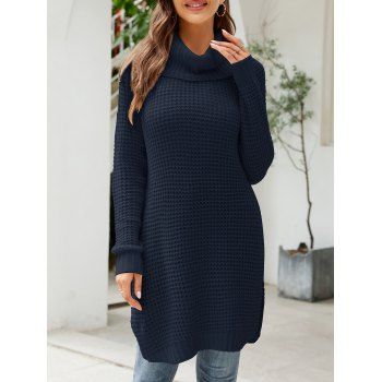 

Raglan Sleeve Turtleneck Mini Crochet Sweater Dress Side High Slit Solid Color Sweater Dress, Midnight blue