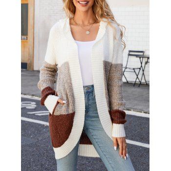 

Contrast Colorblock Long Hooded Sweater Cardigan Ribbed Hem Open Front Cardigan Coat, Coffee