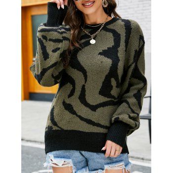 

Graphic Drop Shoulder Sweater Crew Neck Colorblock Pullover Sweater, Deep green