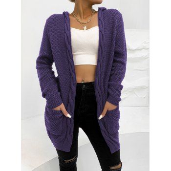 

Open Front Long Hooded Sweater Cardigan Solid Color Twist Pocket Patches Cardigan Coat, Concord