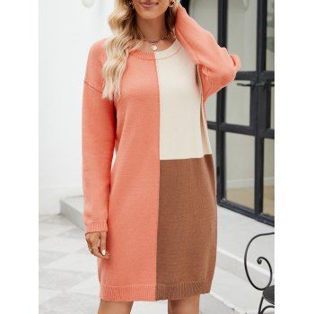 

Colorblock Drop Shoulder Mini Sweater Dress Round Neck Long Sleeve Sweater Dress, Light orange