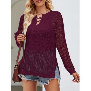 

See Thru Hollow Out Lace Up Crochet Top Drop Shoulder Solid Color Side Slit Sweater Top, Deep red