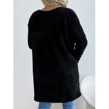 Open Front Solid Color Long Fluffy Coat Pocket Patches Fuzzy Coat