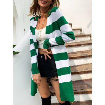 

Colorblock Stripe Long Knit Cardigan Open Front Collarless Contrast Knitted Cardigan, Green