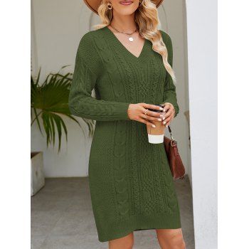 

Twist Cable Knit Jacquard Mini Sweater Dress Solid Color V Neck Sweater Dress, Green