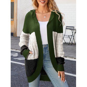 

Contrast Colorblock Long Hooded Sweater Cardigan Ribbed Hem Open Front Cardigan Coat, Green