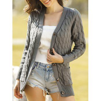 

Twist Cable Knit Button Up Sweater Cardigan Solid Color Pocket Patches Ribbed Cardigan Coat, Gray
