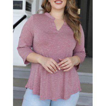 

Plus Size Long Sleeve T-shirt Notched Heathered Curved Hem Casual Tee, Light pink