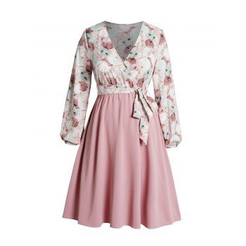 

Plus Size & Curve Flower Print Belted Midi Dress Surplice Plunge Long Sleeve Combo Dress, Light pink