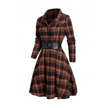 

Half Button Belted Mini Plaid Dress Long Sleeve High Waist Dress, Dark orange