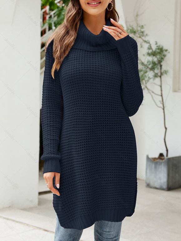 Raglan Sleeve Turtleneck Mini Crochet Sweater Dress Side High Slit Solid Color Sweater Dress - MIDNIGHT BLUE XL | US 10