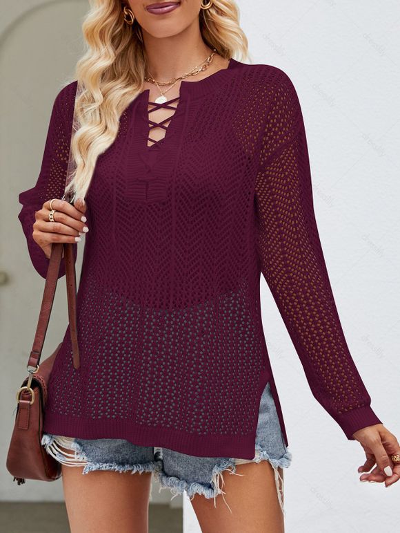 Pull Evidé Transparent Au Crochet à Goutte Epaule en Couleur Unie à Lacets - Rouge foncé XL | US 10