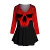 Plus Size & Curve Skull Pattern Colorblock Long Sleeve T-shirt And Heart Painting Print Flare Pants Outfit - RED L | US 14