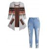 Plus Size Tribal Geometric Print Colorblock Faux Twinset T-shirt And Ripped Frayed Hem Faded Jeans Outfit - multicolor A L | US 14