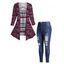 Plus Size Striped Heathered 3D Print Long Sleeve Faux Twinset T-shirt And Distressed Ripped Middle Waist Denim Jeans Outfit - multicolor A L | US 14
