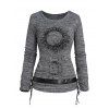 Haut Chiné Ceinturé en Tricot Motif de Lune et de Soleil à Manches Longues à Volants - Gris XXL | US 14