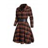 Mini Robe à Carreaux Ceinturée Taille Haute à Demi-Bouton à Manches Longues - Orange Foncé XXL