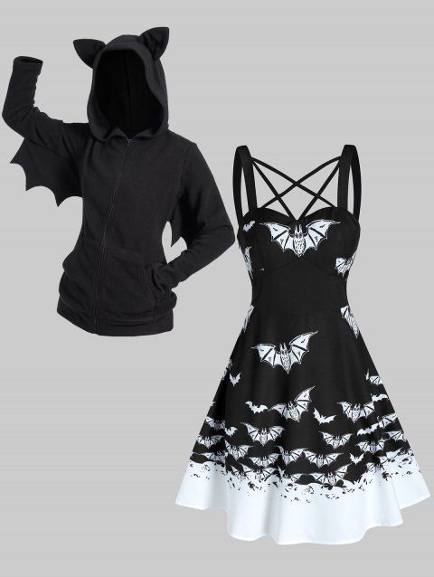 Halloween Costume Bat Fleece Hooded Jacket And Front Strappy Bat Print Mini A Line Dress Outfit