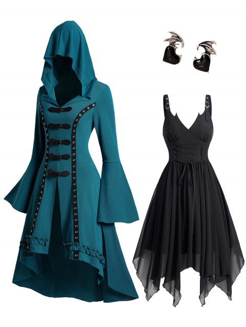 Grommet High Low Buckle Flare Sleeve Gothic Hooded Top And Lace Up Handkerchief Dress Heart Wing Stud Earrings Outfit