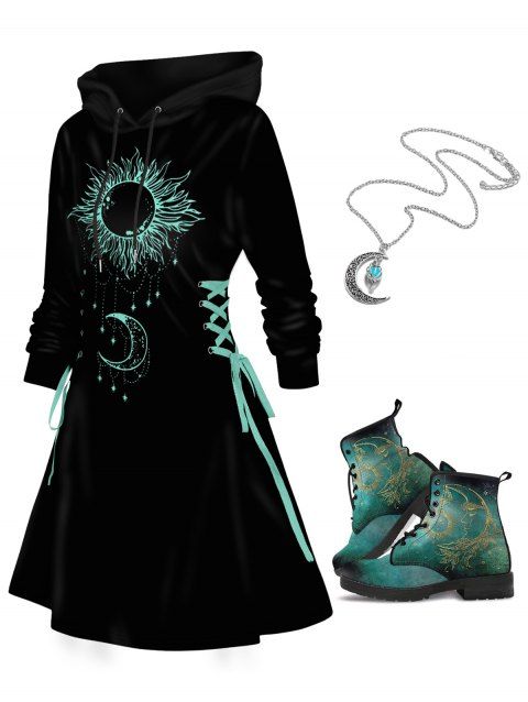 Sun And Moon Print Lace Up Mini Hoodie Dress And Lace Up Matin Boots Chain Necklace Outfit