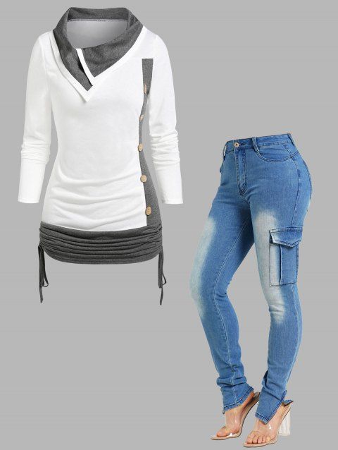 Mock Button Color Block Cinched Ruched T-shirt And Pocket Patches Zipper Fly High Waisted Long Jeans Outfit