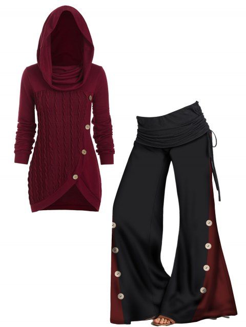 Cowl Neck Hooded Cable Knit Tunic Knitwear And Colorblock Panel Mock Button Cinched Wide Leg Pants Outfit