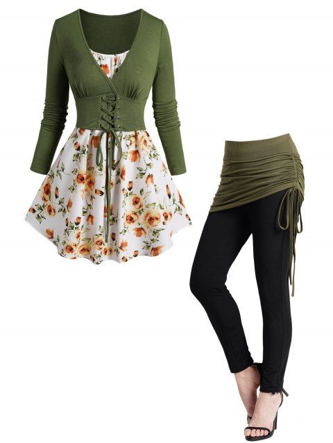 Flower Print Lace Up Long Sleeve Two Piece Tops And Colorblock Cinched High Waisted Skirted Leggings Outfit
