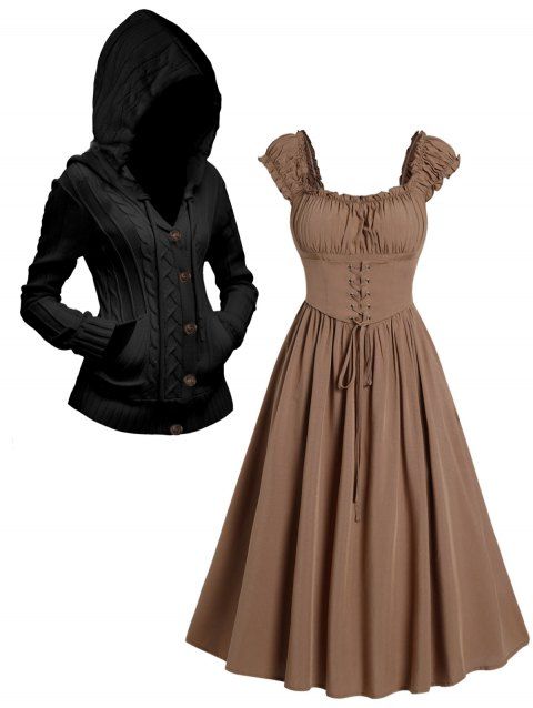 Button Up Cable Knit Hooded Cardigan And Vintage Lace Up Ruffles Cap Sleeve  Midi Dress Outfit