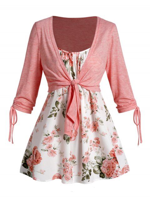 Ensemble de Haut Court Noué et de Camisole Fleur Imprimée à Bretelle Fine