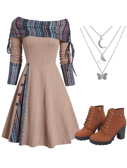 Tribal Pattern Convertible Neck Cinched A Line Dress And Chunky Heel Faux Leather Lace Up Boots Layered Chain Necklace Outfit