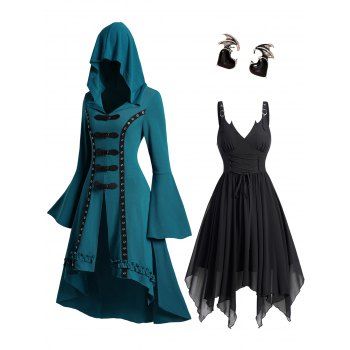 

Grommet High Low Buckle Flare Sleeve Gothic Hooded Top And Lace Up Handkerchief Dress Heart Wing Stud Earrings Outfit, Multicolor