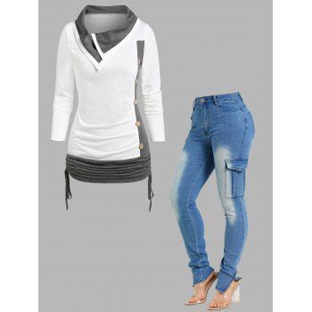 

Mock Button Color Block Cinched Ruched T-shirt And Pocket Patches Zipper Fly High Waisted Long Jeans Outfit, Multicolor