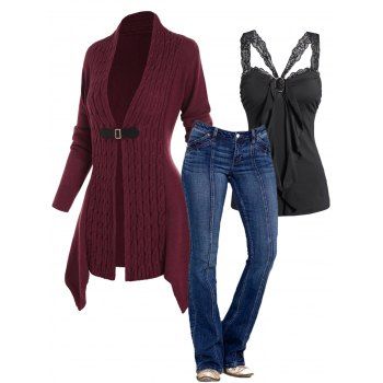 

Cable Knit Buckle Open Front Cardigan And Zipper Fly Long Flare Jeans Lace Strap Tank Top Outfit, Multicolor