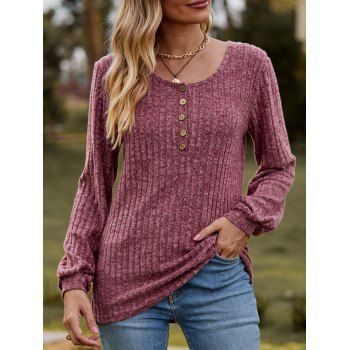 

Ribbed Textured Long Sleeve Mock Button Round Neck Heathered Top, Deep red