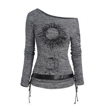 

Sun And Moon Pattern Ruched Knit Top Belted Long Sleeve Heathered Knitted Top, Gray