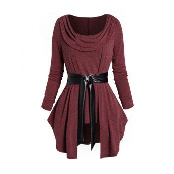 

Asymmetric Hem Belted Long Top Cowl Neck Full Sleeve Casual Tee, Deep red